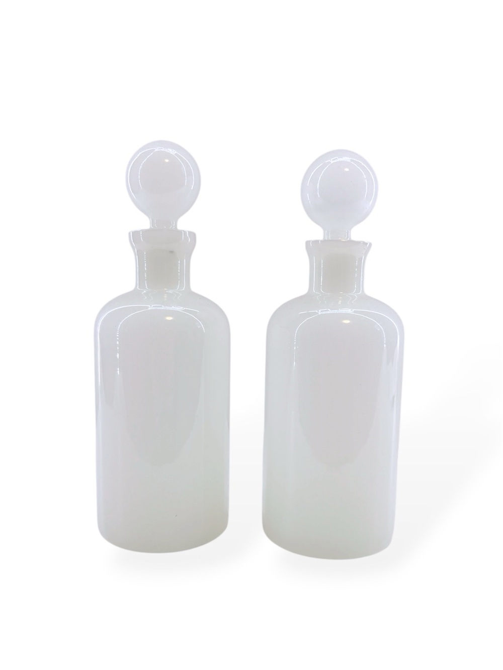 Vintage White Frosted Antique Glass Bottles with Stoppers, Perfume Vase Set of 2